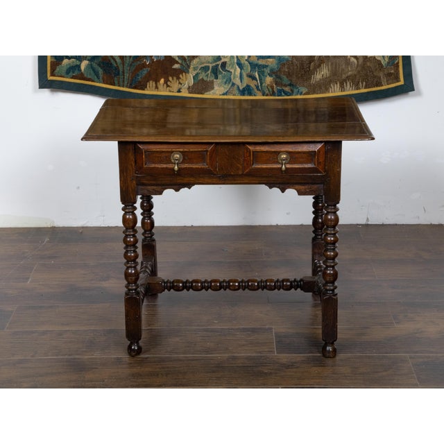 19th Century English Oak 19th Century Bobbin Legs Side Table with Geometric Font Drawer For Sale - Image 5 of 12