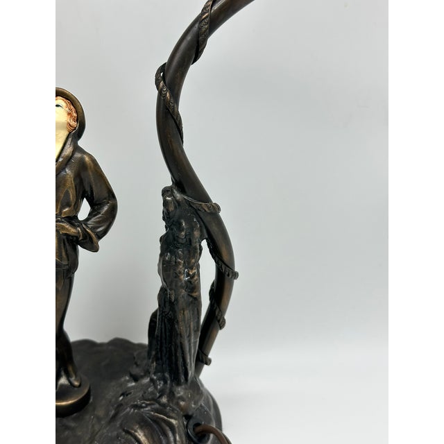 Early 20th Century Art Deco Desk Lamp, Bronze-Colored Metal With Art Glass Shade, Figure of Woman For Sale - Image 4 of 11
