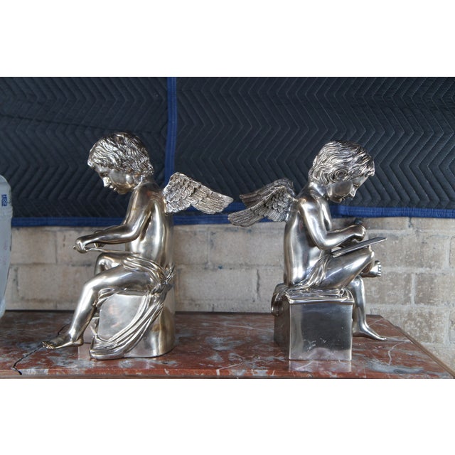 Set of 2 Vintage Large Neoclassical Silver Holloware Figural Cherub Angel Bookends Sculptures For Sale - Image 4 of 12