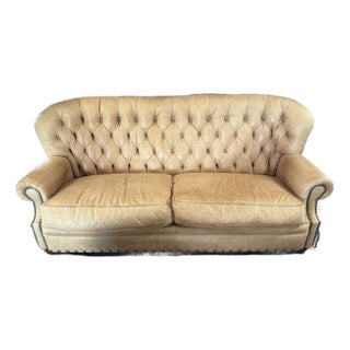 1990s Tufted Tan Leather Chesterfield Sofa For Sale