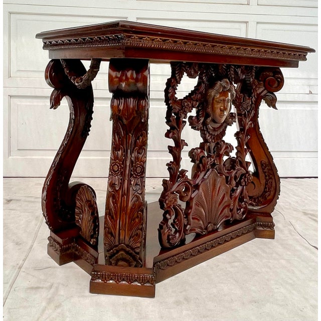 Late 20th Century Ornate Hand-Carved Wood Portrait and Shell Console Table For Sale - Image 5 of 12