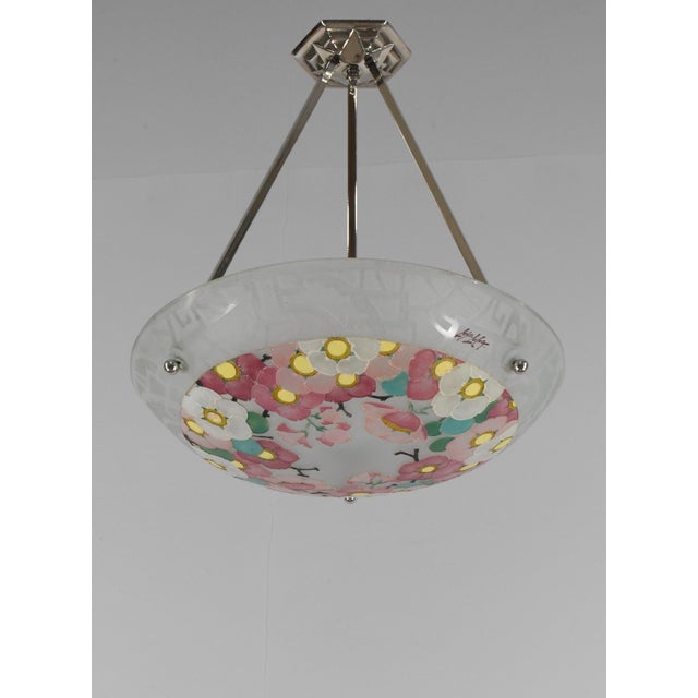 Rose French Art Deco Pendant Light by Loys Lucha 1930s - Pink Enameled Floral Bowl For Sale - Image 8 of 13