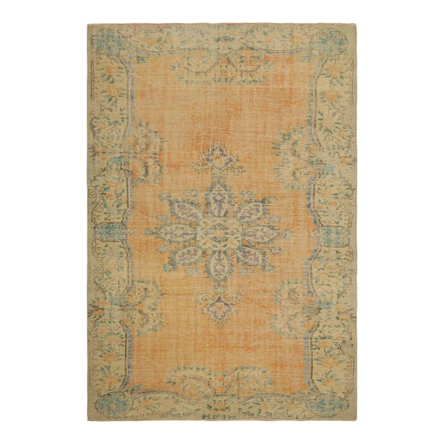 Vintage Zeki Müren Rug in Orange Open Field With Floral Medallion | Rug & Kilim For Sale