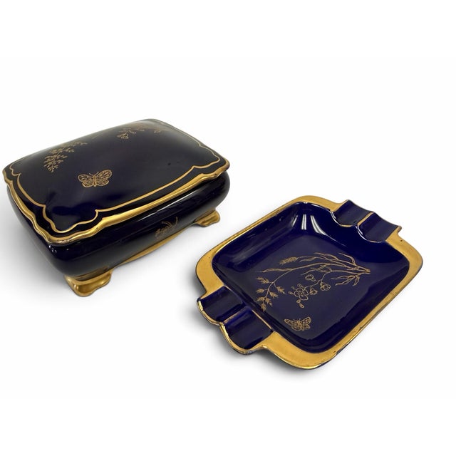 Mid 20th Century Vintage Lindner Kueps Bavaria Cobalt Blue & 22k Gold Butterfly Porcelain Vanity Set - 4 Pieces For Sale - Image 5 of 8
