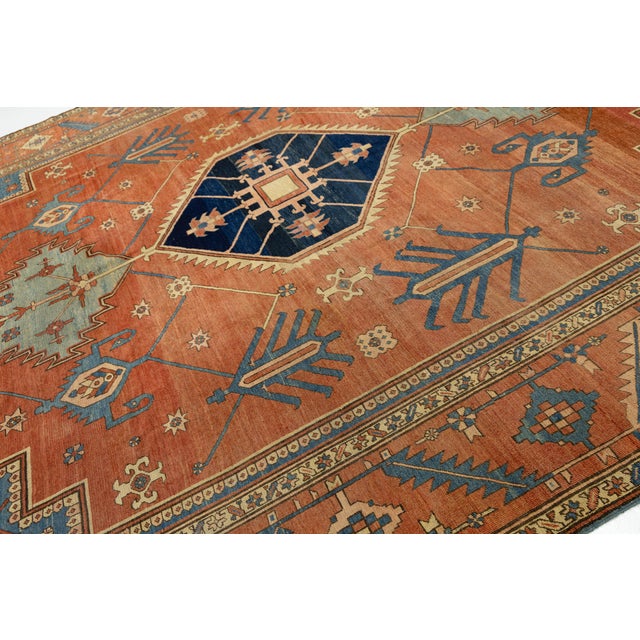 19th Century Antique Serapi Rug With Terracotta & Indigo Medallion For Sale In New York - Image 6 of 12