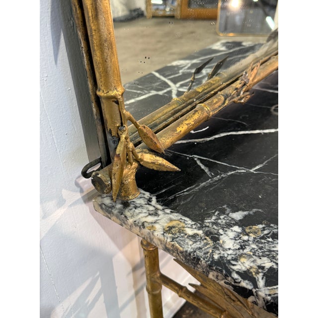 Italian Gilt Bamboo Mirror With Black Marble Console and Leaf Motif, Mid-Century Design For Sale - Image 12 of 12
