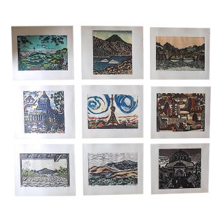 Vintage Signed Folio Size Mid 20th C. Japanese View Lithographs - Set of 9 For Sale