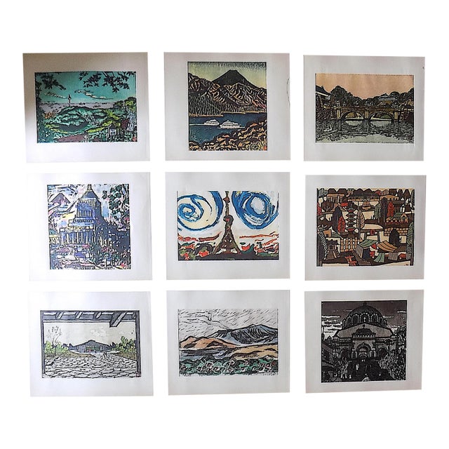 Vintage Signed Folio Size Mid 20th C. Japanese View Lithographs - Set of 9 For Sale