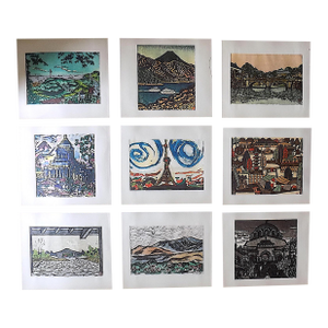 Vintage Signed Folio Size Mid 20th C. Japanese View Lithographs - Set of 9