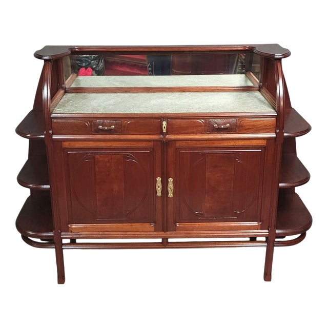 Large Art Nouveau Buffet in Mahogany and Embossed Leather For Sale