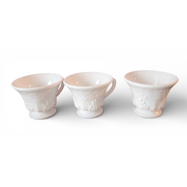 Mid-Century Modern Set of 12 Vintage Indiana Colony Harvest Grape White Milk Glass Footed Cups, 1950s For Sale - Image 3 of 8