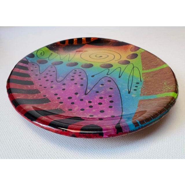 Late 20th Century Vintage Fiala Design Works Hand Painted Abstract Art Glass Plate For Sale - Image 5 of 10