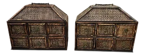 Vintage Woven Rattan British Colonial, West Indies Coastal Style Tabletop Six Drawer Storage Organizer Box - A Pair