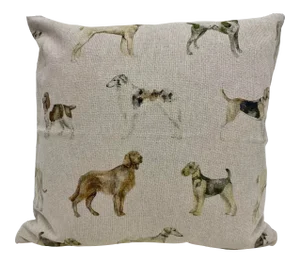 16" Square Pillow Decorated With Various Breeds of Attentive & Obedient Dogs - Made in Uk.
