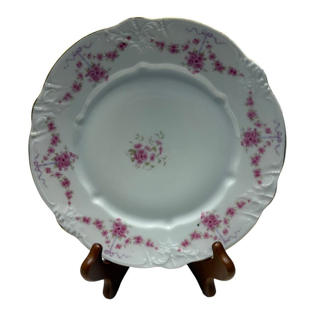 Antique German Rococo Revival Porcelain Plate With Hand-Painted Florals & Gilt Rim Carl Tielsch For Sale