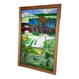 Large Stained Glass Panel with Swan Landscape For Sale