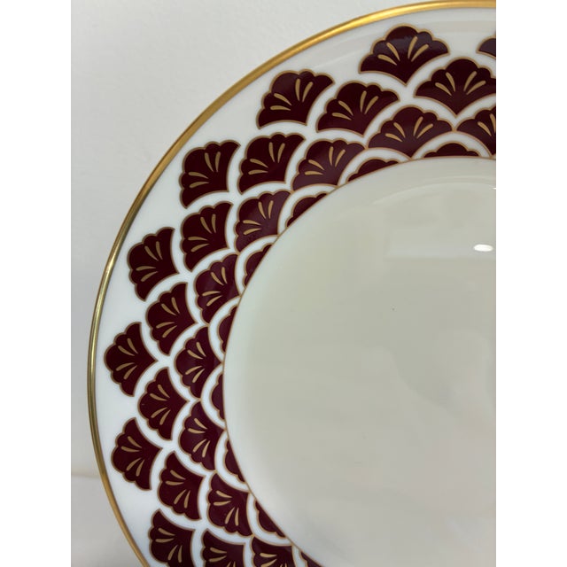 Art Deco Vintage Pickard Fine China Salad Plates, Set of 8, Burgundy & Gold Fan Pattern For Sale - Image 3 of 11