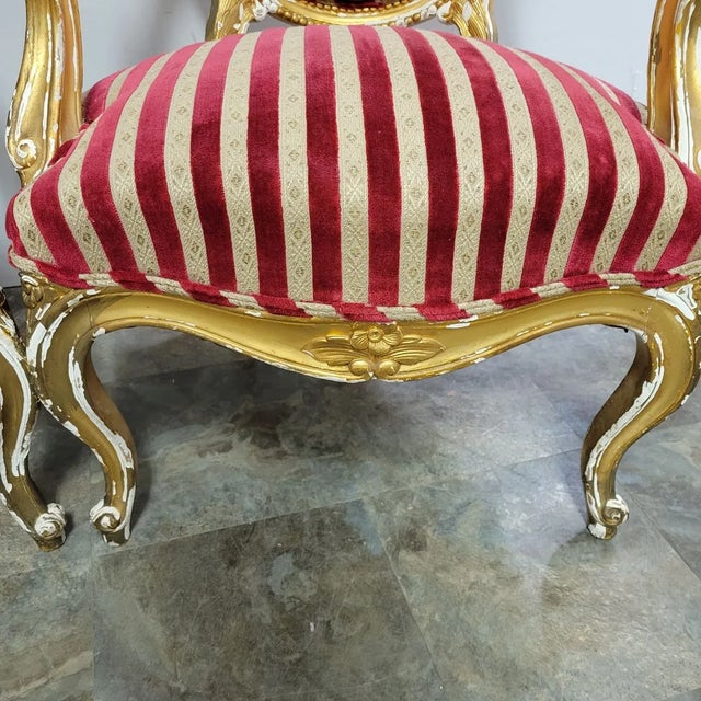 Wood Antique French Striped Baroque Carved Giltwood Chairs and Sofa Set - Project For Sale - Image 7 of 12