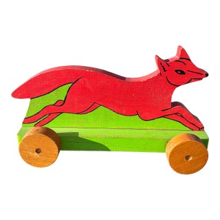 Early 20th C. Artisan Hand-Carved + Painted Wooden Red Fox Wheeled Toy For Sale