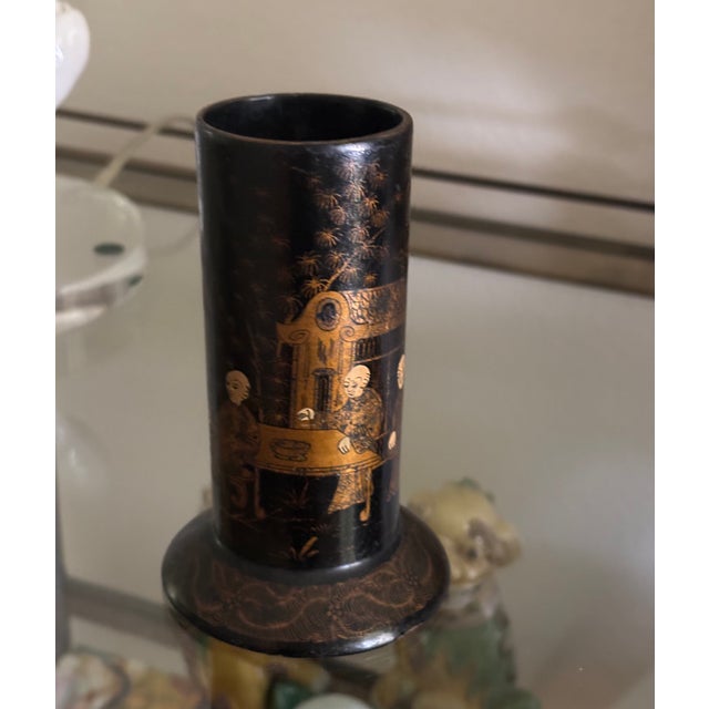 Antique English Papier-Maché Chinoiserie Spill Vase / Brush Holder in Black and Gold For Sale - Image 14 of 18