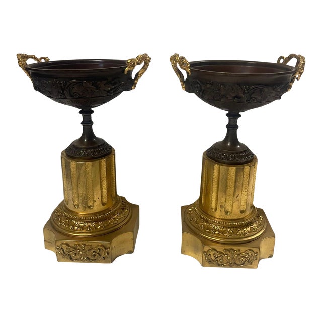 Pair of Mid 19th Century Greek Revival Bronze Relief Neoclassical Tazze With Bacchanalian Motifs For Sale