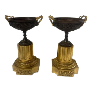 Pair of Mid 19th Century Greek Revival Bronze Relief Neoclassical Tazze With Bacchanalian Motifs