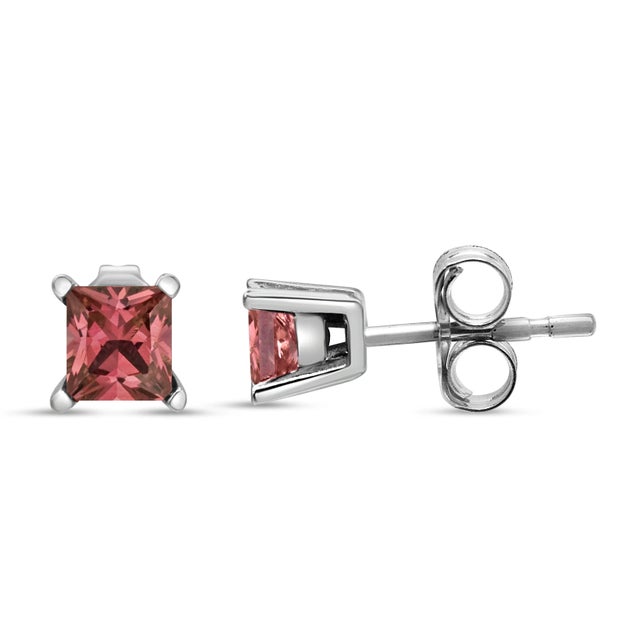 Contemporary 14K White Gold 1/2 Cttw 4 Prong Set Lab Grown Pink Princess Diamond Solitaire Stud Earrings For Sale - Image 3 of 6