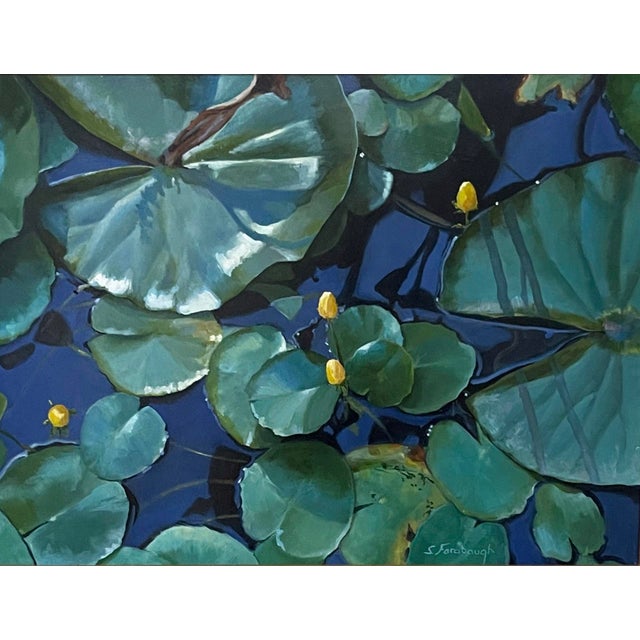 August Pond by Sheri Farabaugh | Oil on Hardboard Oil painting of lily pads and yellow flowers. For Sale