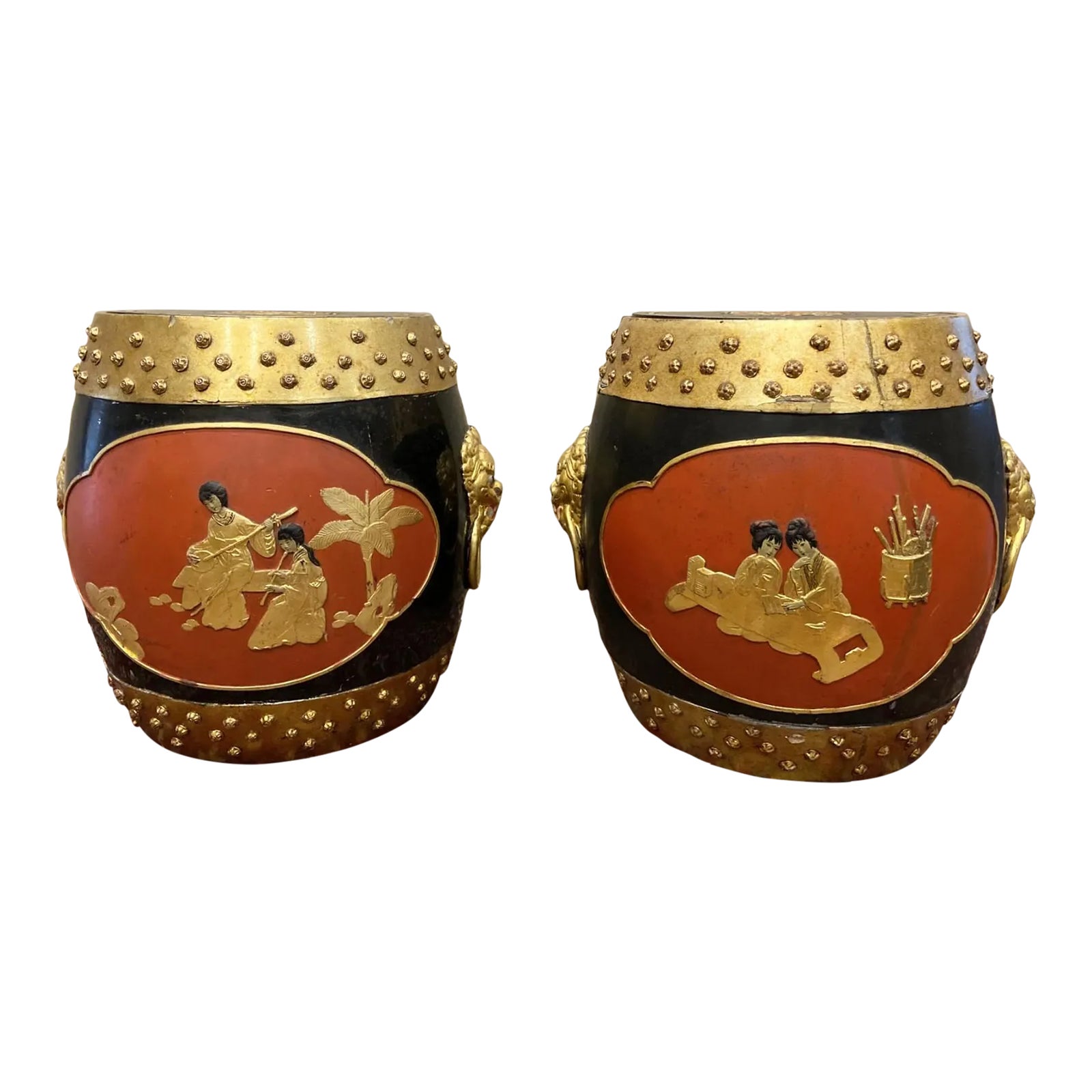 Antique Japanese Painted Wooden Rice Barrels Garden Stools—A Pair ...