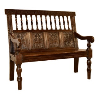 19th Century English Oak Carved Bench For Sale