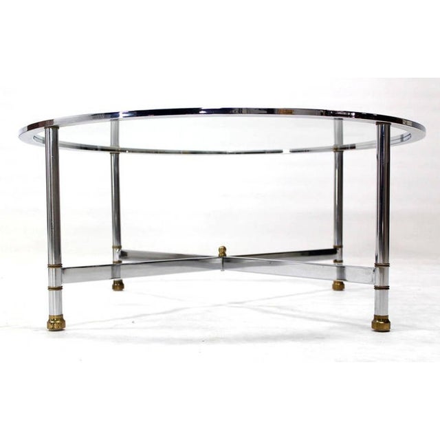 Milo Baughman Mid Century Italian Modern Round Chrome & Brass Base Glass Top Coffee Table Mint For Sale - Image 4 of 6