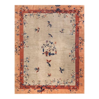 1920 Ivory Peach Rust Antique Chinese Peking Carpet 9'2" X 11'6" Wool Vase Rug For Sale