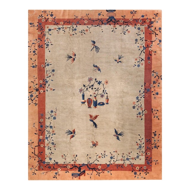 1920 Ivory Peach Rust Antique Chinese Peking Carpet 9'2" X 11'6" Wool Vase Rug For Sale