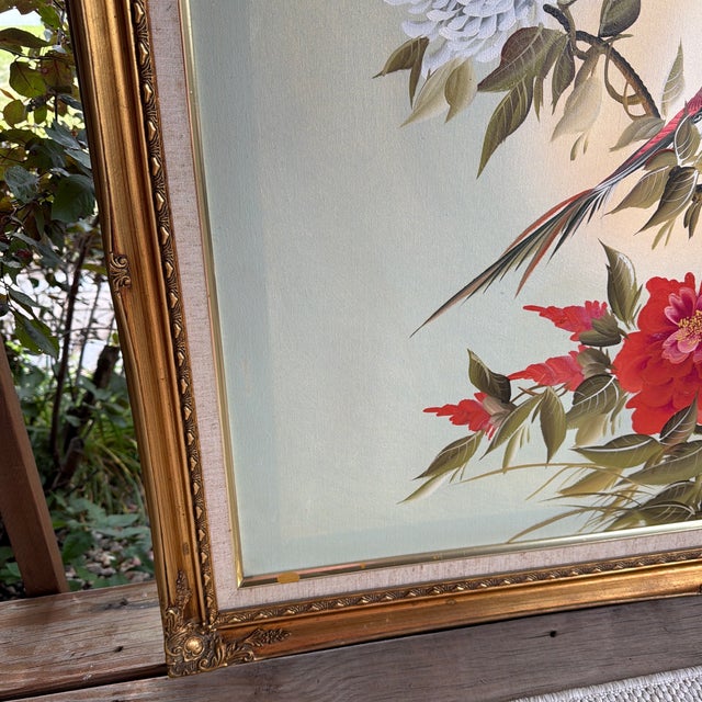 Large Mid-Century Chinese Silk Painting – Hand-Painted Bird & Peony Floral Composition in Ornate Frame - Signed by Unknown Artist For Sale - Image 4 of 12