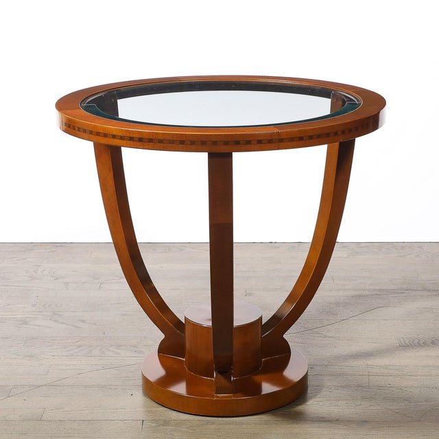 Mid 20th Century Art Deco Inset Glass Top Gueridon Table in Hand-Rubbed Walnut W/ Inlayed Details For Sale In New York - Image 6 of 9