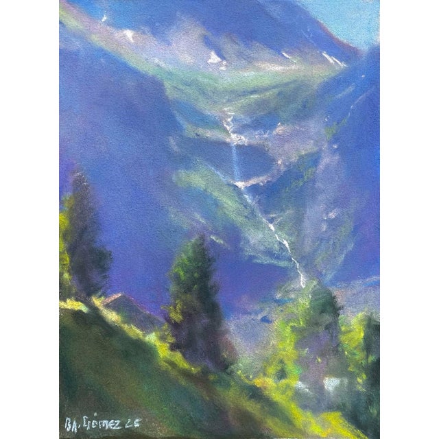 Ingram Falls, Near Telluride by Bruce A Gómez | Pastel Landscape of a waterfall in mountainous terrain For Sale