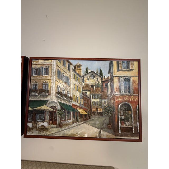 1990s Elegant European Italian Streets Wall Art Painting – Matching Framed Pair For Sale - Image 11 of 12