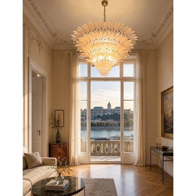 Metal Monumental Pink Glass Leaf Chandelier, 1990 For Sale - Image 7 of 8
