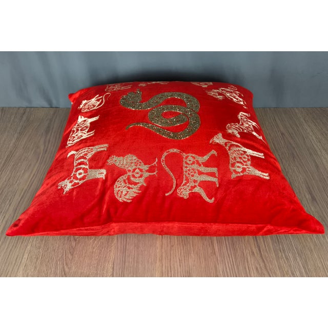 Hollywood Regency Callisto Home Pillow 22" X 22" Red Snake & Zodiac Signs Embroidered For Sale - Image 3 of 6