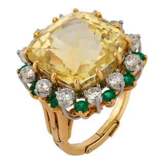 1950s Mid Century Gia 30 Carat No Heat Yellow Sapphire Diamond Emerald 18k Gold Ring, Size 6.25 For Sale