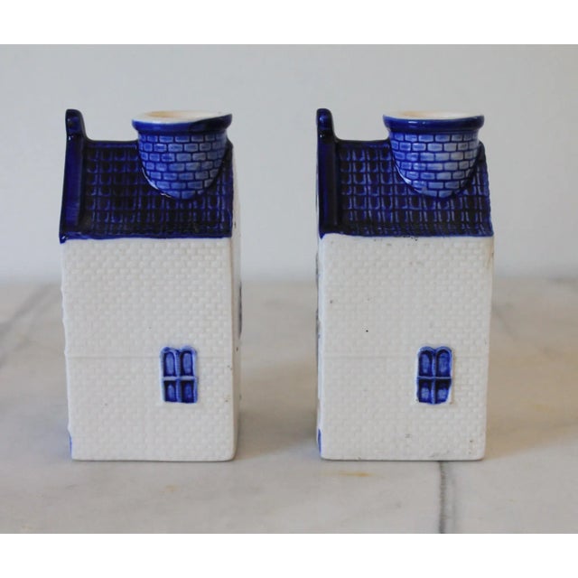 Ceramic Vintage Blue and White Ceramic House Candle Holders - a Pair For Sale - Image 7 of 9