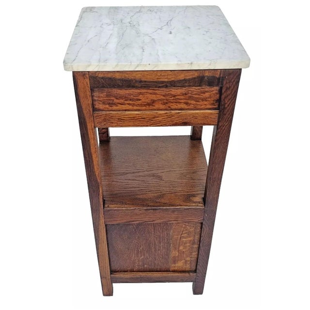 Antique 1920s French Oak Nightstand Carved Oak Tree & Acorn Design White Marble For Sale In Los Angeles - Image 6 of 12