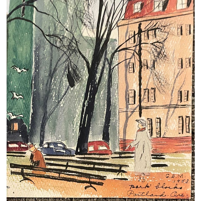 1953 Portland OR watercolor by Northwest artist GE Matthews. Inscribed and signed lower right "G E M 1953 park blocks...