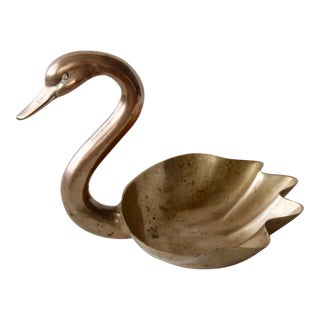 Large Vintage Mid Century Brass Swan Coin Key Dish Tray Planter For Sale