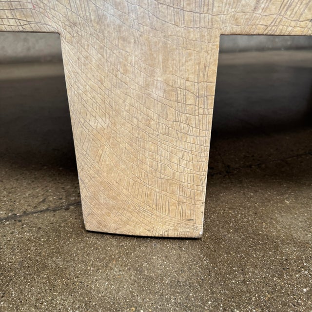 Vintage Post Modern Half Moon Beige Wood & Travertine Coffee Table For Sale - Image 12 of 12
