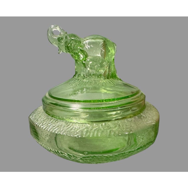 Glass Vintage Uranium Vaseline Art Glass Covered Powder Jar Dish W Figural Elephants For Sale - Image 7 of 7