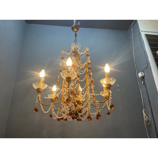 Italian Florentine Giltwood and Amber Murano Glass Drop 6-Light Chandelier, 1950s For Sale - Image 10 of 15