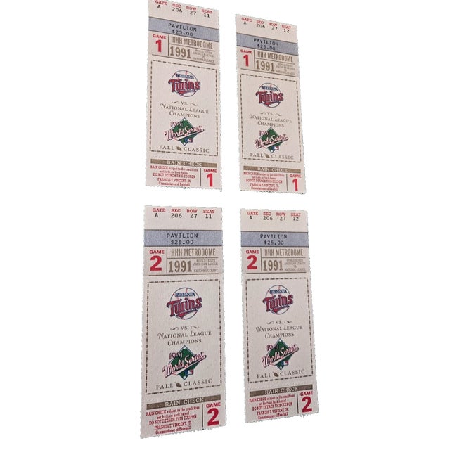 1990s Minnesota Twins World Series Homer Hanky Rally Towel Framed With Ticket Stubs. For Sale - Image 4 of 9