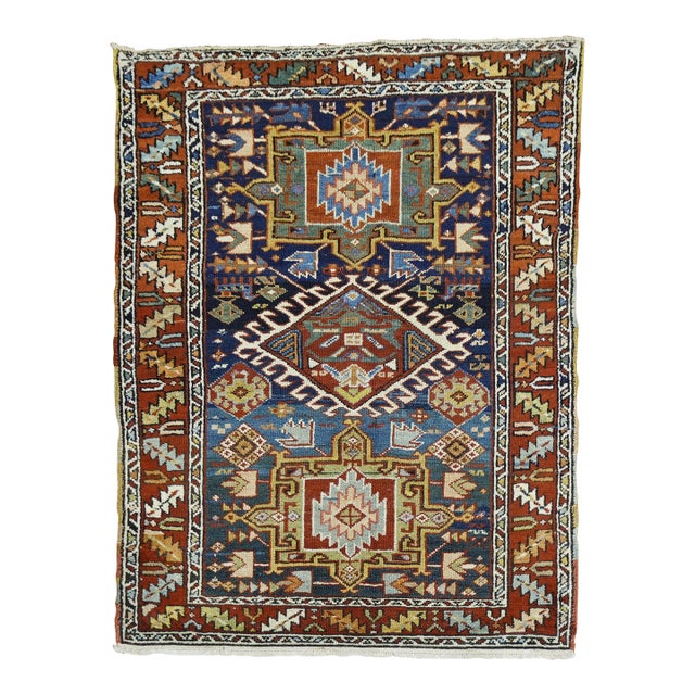 Early 20th Century Zabihi Collection Navy Ground Scatter Size Persian Heriz Rug - 3'4" x 4'5" For Sale