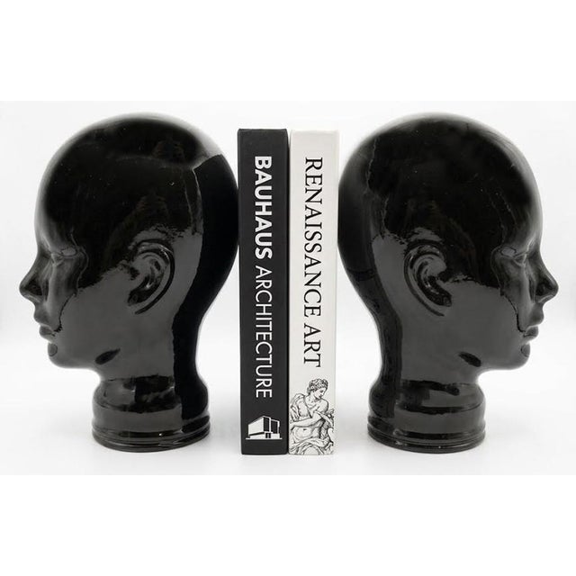 1970s Vintage Spanish Glossy Black Glass Mannequin Heads — Pair of Sculptural Bookends For Sale - Image 4 of 5